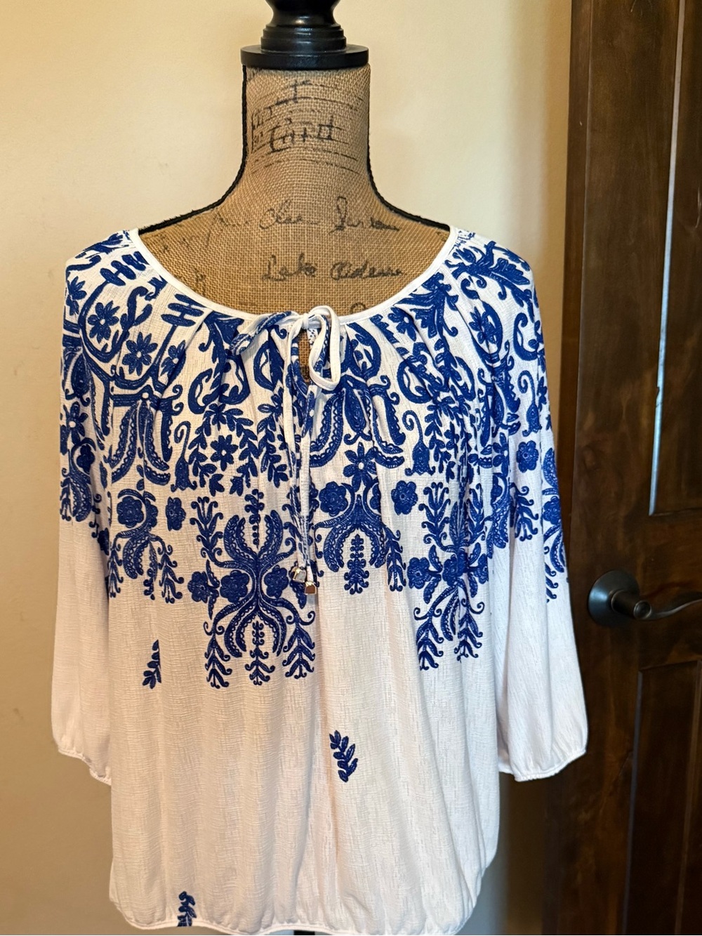 Perseption White blouse with Cobalt Blue Embroidery